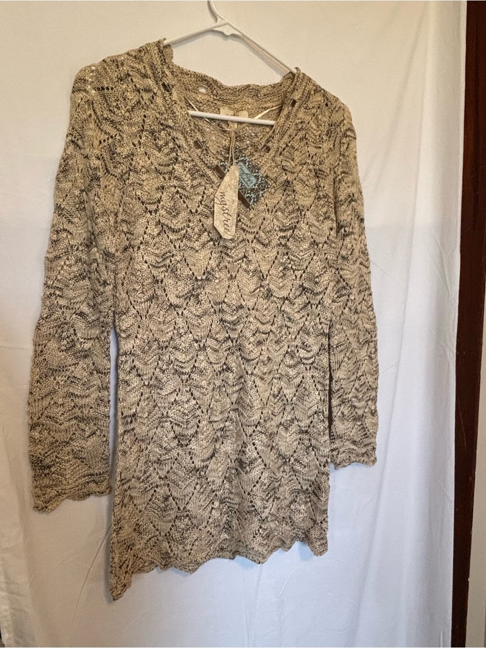 Mystree Beige Marled Crochet Knit Pullover Tunic Sweater Bohemian